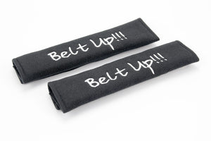 Belt Up! logo in white embroidery on padded seat belt covers.