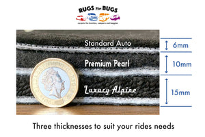Infographic showing Rugs for Bugs carpet thickness - standard 6 millimetres, premium 10 millimetres, luxury 15 millimetres