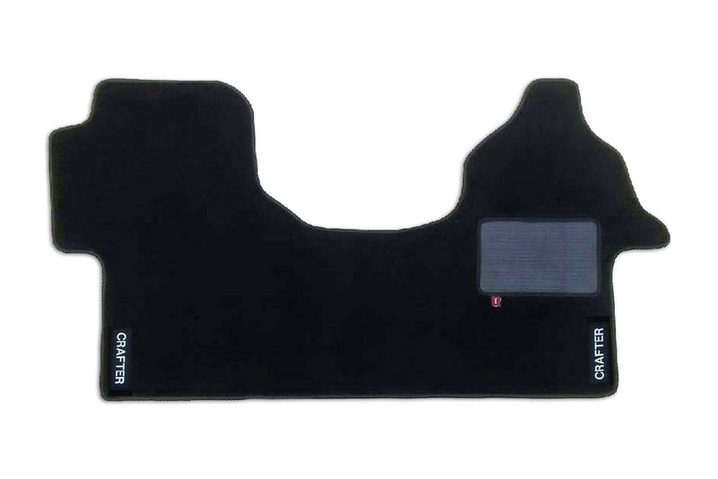 Crafter cab mat for 2 plus 1 seat arrangement shown in black automotive carpet with embroidered Crafter logo