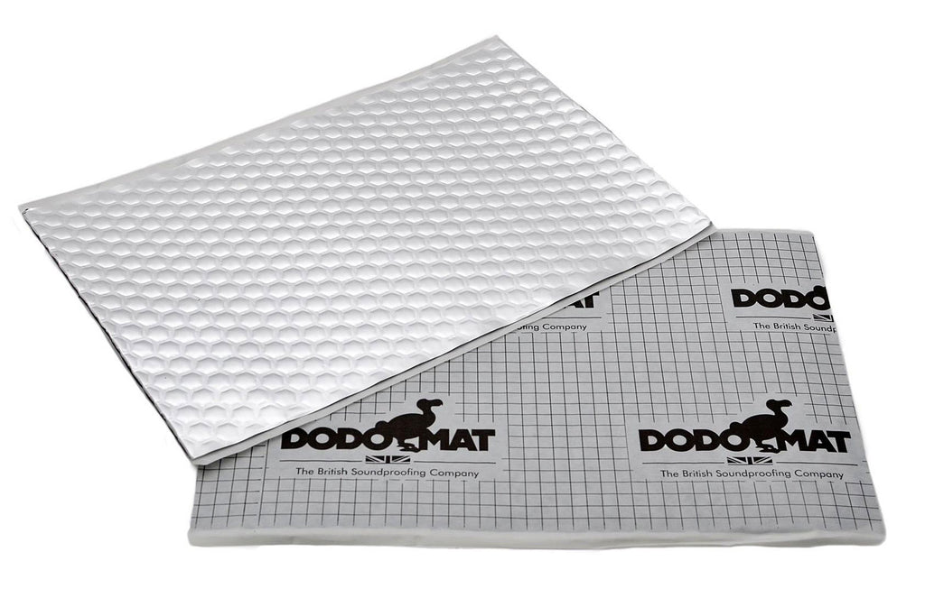 Dodo Dead Mat sound deadening material shown in silver sheets with adhesive backing