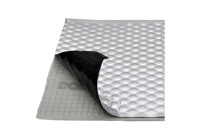 Dodo Dead Mat sound deadening material shown in silver sheets with adhesive backing
