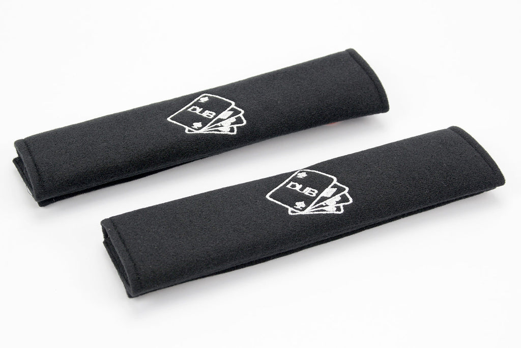 Dub Deck of Cards logo in white embroidery on padded seat belt covers.