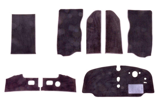 T2 Early Bay mat set including cab mat, seat sides, seat tubs, kick panels and walk though mats. Shown in black automotive carpet