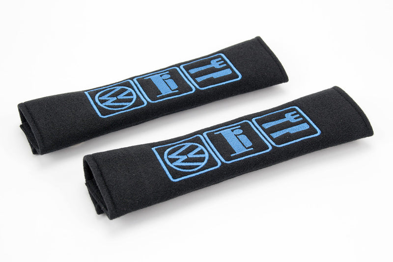 Eat, Sleep, VW logo in blue embroidery Padded seat belt covers.