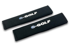 E Golf embroidered seat belt covers shown in black with blue and white embroidery