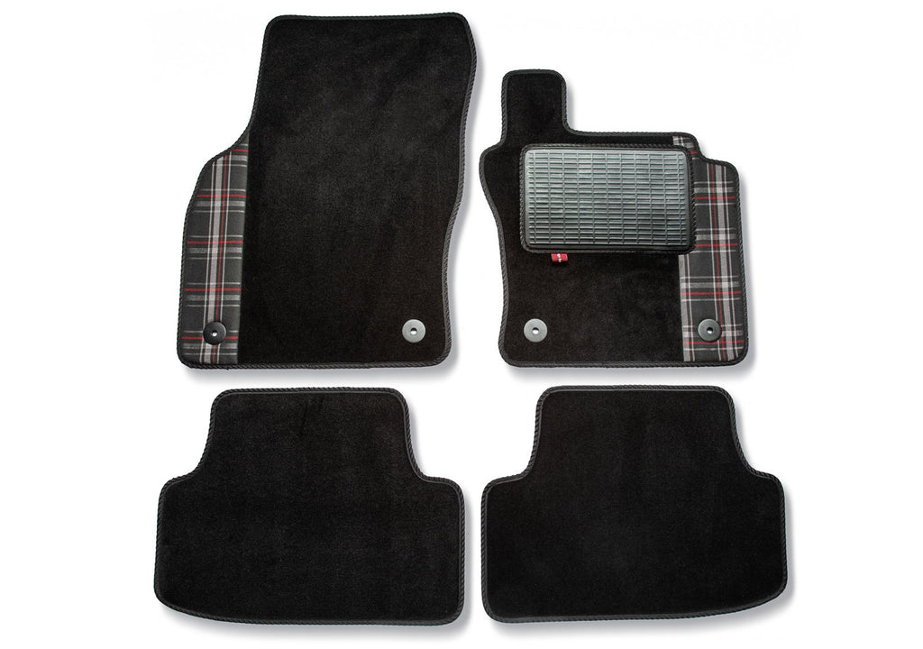 Golf Mark 7 over mat set shown in black automotive carpet with red GTI check fabric trim
