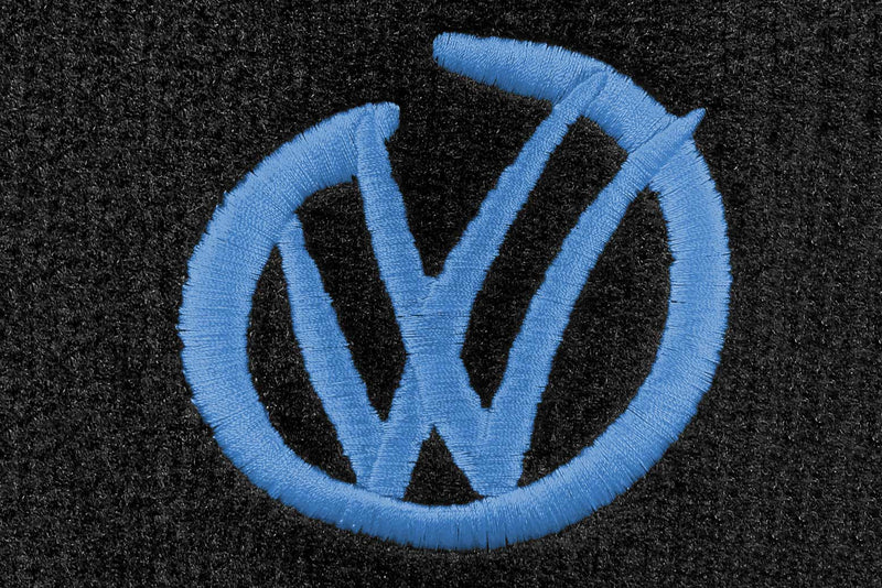 VW logo in a graffiti style shown in yellow embroidery