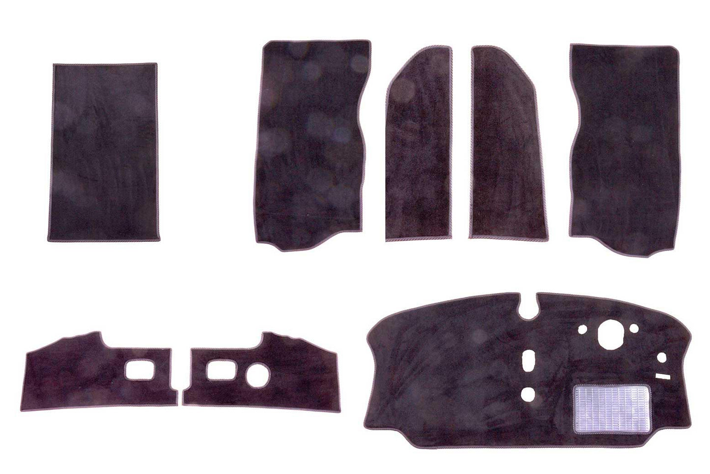 T2 Late Bay mat set including cab mat, seat sides, seat tubs, kick panels and walk through mat shown in black automotive carpet