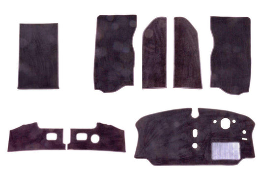 T2 Late Bay mat set including cab mat, seat sides, seat tubs, kick panels and walk through mat shown in black automotive carpet