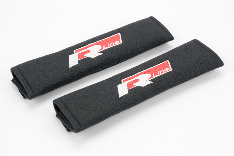 Embroidered padded seat belt covers with Rline logo