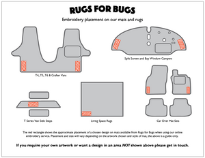Info graphic showing where logos are placed on mats and rugs using the Rugs for Bugs online embroidery service  Edit alt text
