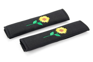 Embroidered padded seat belt cover with sunflower logo