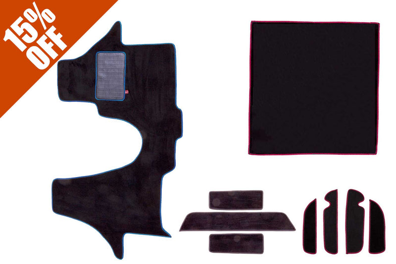 T5 mat set showing cab mat, side step mats, door pocket mats and living space mat in black standard automotive carpet