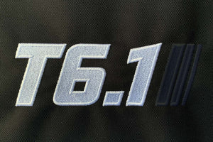 T6 point 1 embroidered logo with white text black stripe detail