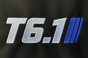 T6 point 1 embroidered logo with white text blue stripe detail