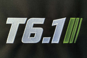 T6 point 1 embroidered logo with white text lime green stripe detail