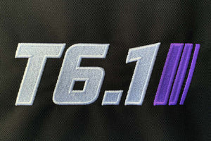 T6 point 1 embroidered logo with white text purple stripe detail