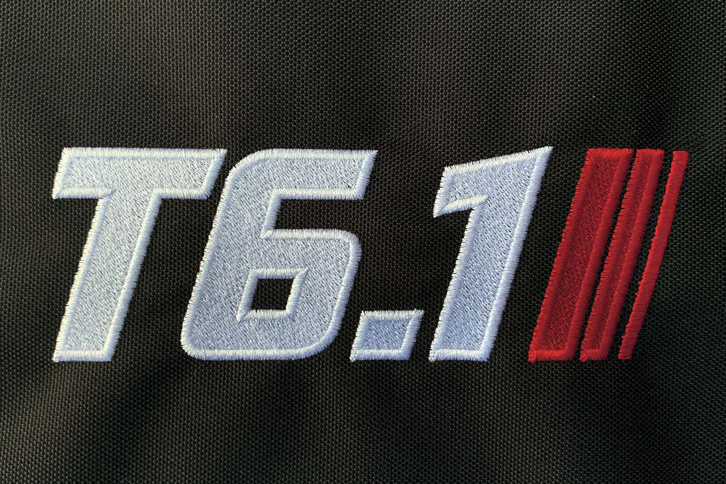 T6 point 1 embroidered logo with white text red stripe detail