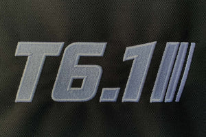 T6 point 1 embroidered logo with grey text and stripe detail