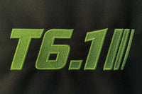 T6 point 1 embroidered logo with lime green text and stripe detail