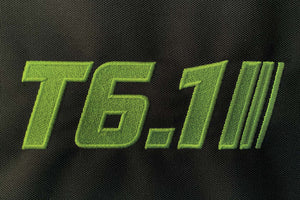 T6 point 1 embroidered logo with lime green text and stripe detail