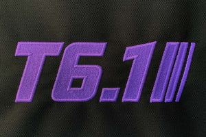 T6 point 1 embroidered logo with purple text and stripe detail