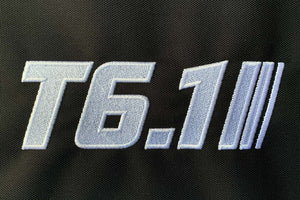 T6 point 1 embroidered logo with white text and stripe detail