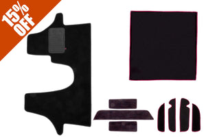 T6 mat set showing cab mat, side step mats, door pocket mats, and living space mat in standard black automotive carpet