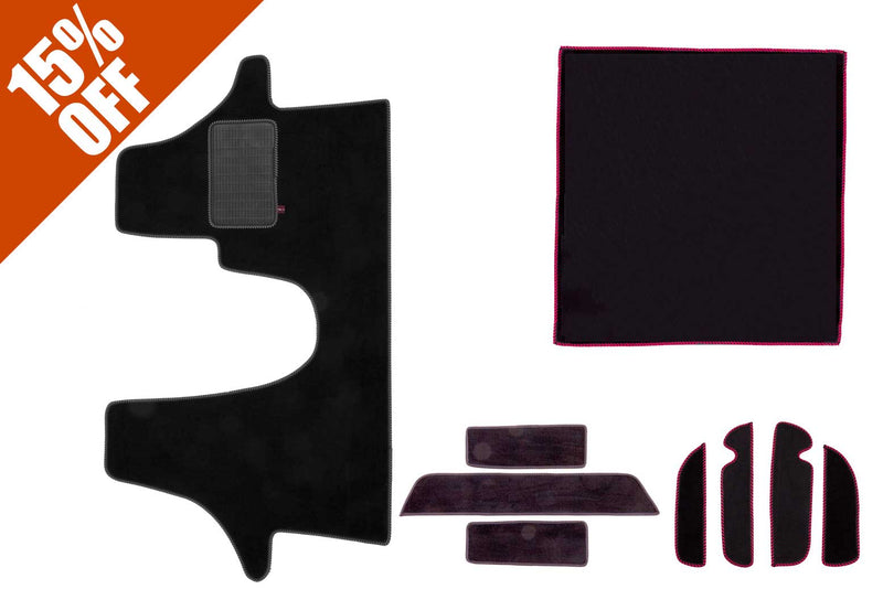 T6 mat set showing cab mat, side step mats, door pocket mats, and living space mat in standard black automotive carpet
