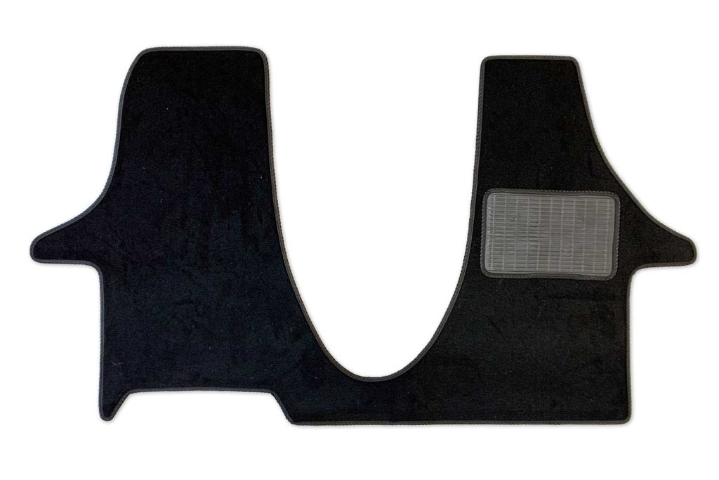 T6 point 1 cab mat for 2 plus 1 swivel seat arrangement shown in black automotive carpet